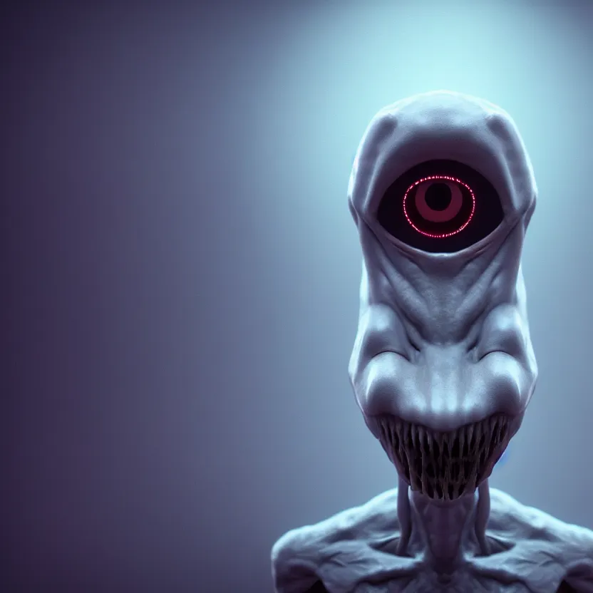 Prompt: pale humanoid alien with nightmarish eyes that never blink, horror game graphics, horror monster design concept art, 4k, octane render, unreal render, indie video game horror