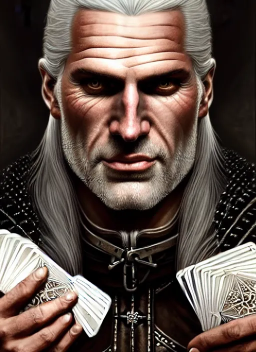Image similar to closeup portrait shot of geralt of rivia smirking and holding cards, intricate, elegant, highly detailed, centered, digital painting, artstation, concept art, smooth, sharp focus, illustration, artgerm, tomasz alen kopera, peter mohrbacher, donato giancola, joseph christian leyendecker, wlop, boris vallejo