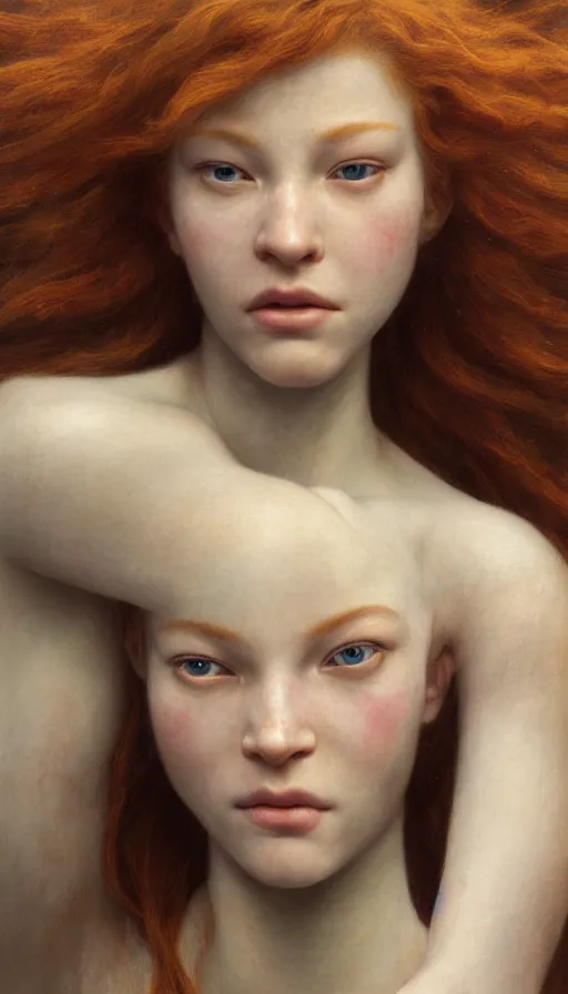 Image similar to epic masterpiece young ginger cindy crowford, sweaty skin, hyperrealistic, octane render, cinematic, beautiful face and flawless skin, perfect hands, 5 fingers, by edgar maxence and ross tran and michael whelan, legends of runeterra