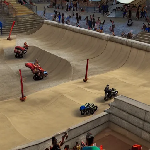 Prompt: roman chariot racing in a skate park half-pipe, video game cover