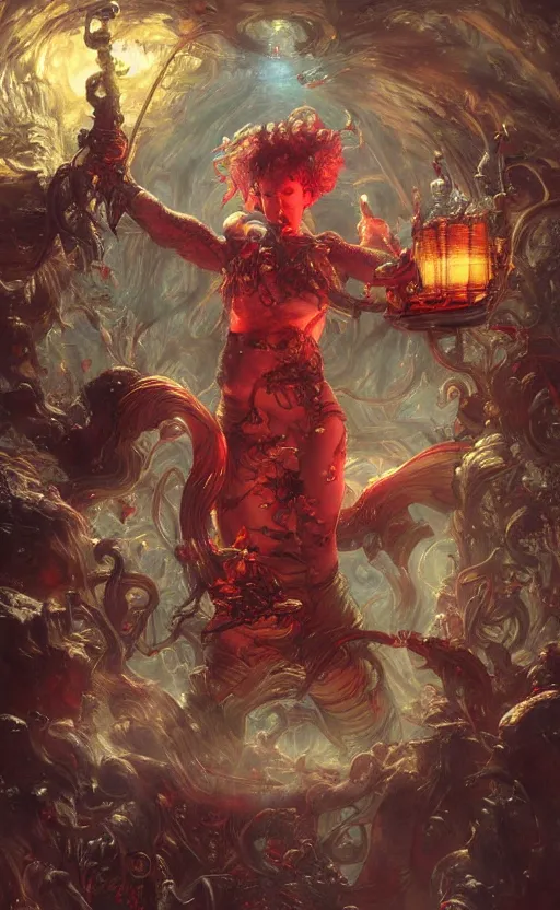 Prompt: a terrifying red dwarf serving grog at a fantastical pub, floating cloth whirlpool, butterfly hard lighting ethereal horror fantasy art by and hajime sorayama, yukito kishiro, raymond swanland and monet, ruan jia, by wlop