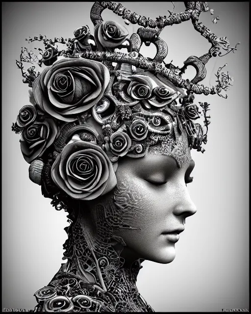 Image similar to mythical dreamy black and white organic bio-mechanical spinal ribbed profile face portrait detail of translucent steampunk beautiful female angelic-human-queen-vegetal-cyborg, highly detailed, intricate trnaslucent ivy jelly ornate, poetic, translucent roses ornate, 3D render, digital art, octane render, 8K artistic photography, photo-realistic, by Dora Maar