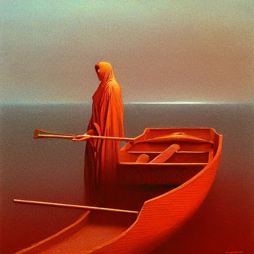 Image similar to a skiff by Zdzisław Beksiński, oil on canvas