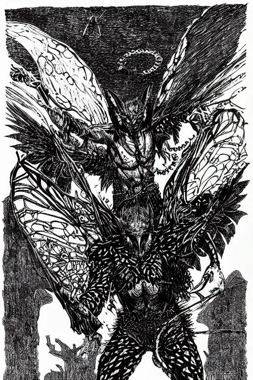 Prompt: mothman as a d & d monster, pen - and - ink illustration, etching, by russ nicholson, david a trampier, larry elmore, 1 9 8 1, hq scan, intricate details, high contrast