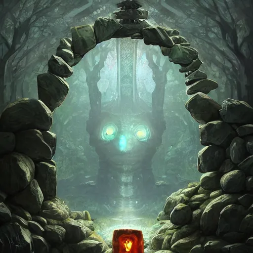 Prompt: a stone golem constructed out of rocks glowing minerals and wood, guarding the magnificent intricate design gate to a forest, 8 k resolution detailed fantasy art, asymmetrical composition, anato finnstark marc simonetti lisa frank zbrush central gloomy midnight.