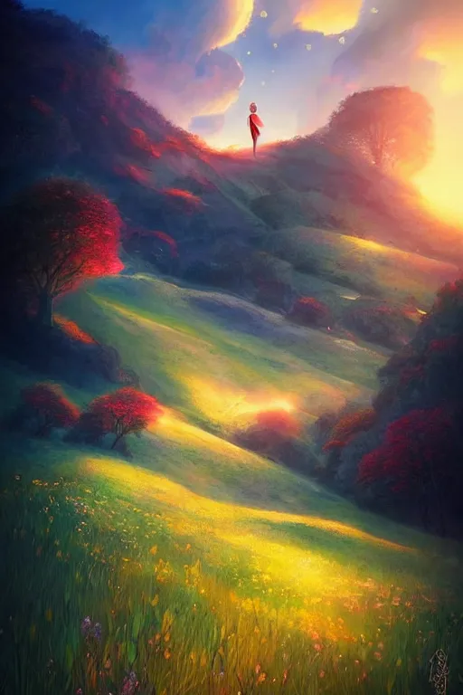 Prompt: beautiful dreamy hilly verdant landscape at sunset by Anna dittmann
