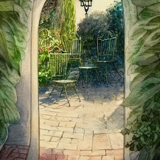 Image similar to delicate smoke, chairs, garden, paved, botanic watercolors, iridescent, 8 k, realistic shaded, fine details, artstation, italian, iron gate, tree, mediterranean, marvelous