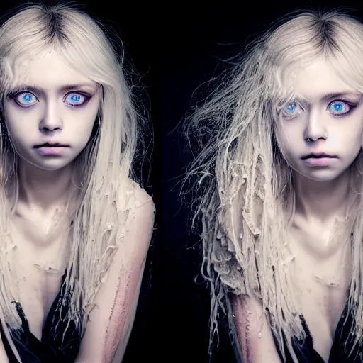 Image similar to A gorgeous blonde, grungy, unkept hair, glowing eyes, modelsociety, wet from rain, radiant skin, huge anime eyes, bright on black, dramatic, studio lighting, perfect face, intricate, Sony a7R IV, symmetric balance, polarizing filter, Photolab, Lightroom, 4K, Dolby Vision, Photography Award