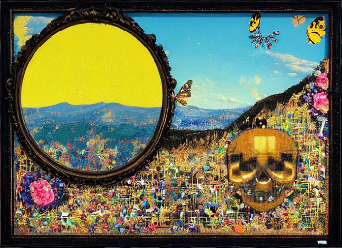 Prompt: “pixel art, decollage, dumpster with colorful huge baroque trash can in a montain view landscape with a semitranslucent frog mirror blobs and golden foil bone butterflies and bright porcelain skull bats in a golden sunset sky, painting by adrian ghenie, cy twombly, daniel richter and hilma af klint and, naive, extremely detailed, old console game, dreamy, 8k”