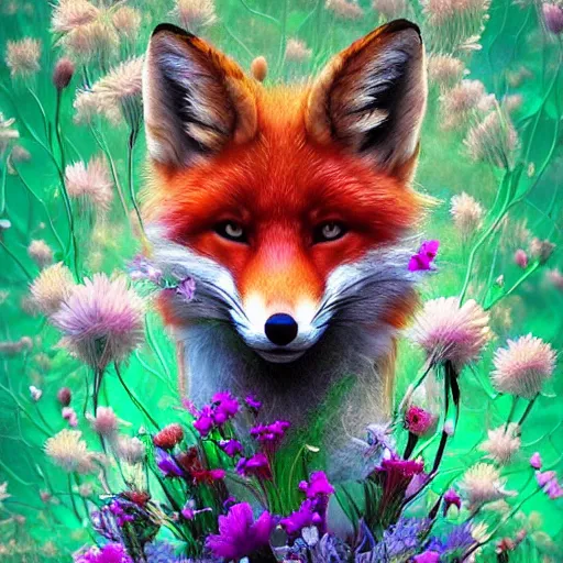 Prompt: Photorealistic magical fox with flowers. Hyperdetailed photorealism, 108 megapixels, amazing depth, glowing rich colors, powerful imagery, psychedelic Overtones, 3D finalrender, 3d shading, cinematic lighting, artstation concept art