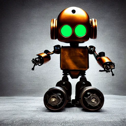 Prompt: a cute little robot made out of steel and metal, steampunk, studio photography, backlit, 8k, in the style of borderlands