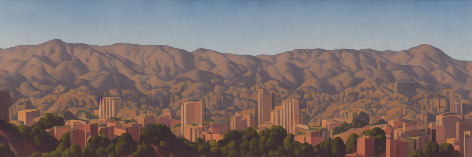 Prompt: hollywood sign cityscape oil painting magritte