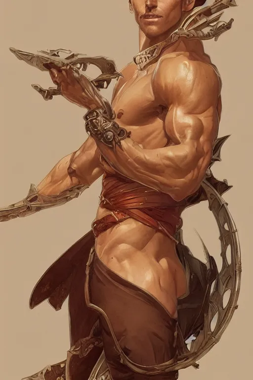 Image similar to Handsome man, muscular upper body, D&D, fantasy, intricate, elegant, highly detailed, digital painting, artstation, concept art, smooth, sharp focus, illustration, art by artgerm and greg rutkowski and alphonse mucha