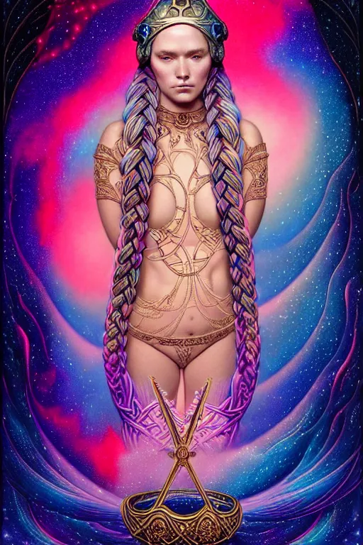 Prompt: beautiful, irridescent, and refined engraved fractal tarot card featuring an ornate, realistic, and regal high key full-body studio anaglyph portrait of an attractive curvy young viking princess with braided blonde hair and a helmet in front of a brilliant nebula by Eric Lafforgue, by Suicide Girls, by Dan Mumford, featured on deviant art, trending on artstation