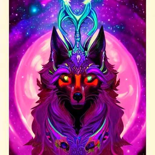 Prompt: a stylized blacklight painting of an avatar of an awesome cosmic powerful luxurious foxfolk mage themed around death and nebulas, in the style of dnd beyond avatar portraits, beautiful, artistic, elegant, lens flare, magical, lens flare, nature, realism, stylized, art by jeff easley