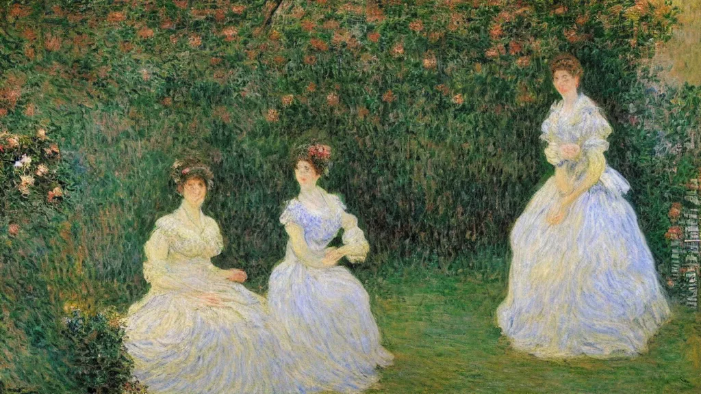 Image similar to a portrait of two women!!! who are lovers!! by Claude Monet!!! in french gardens! oil painting, romantic