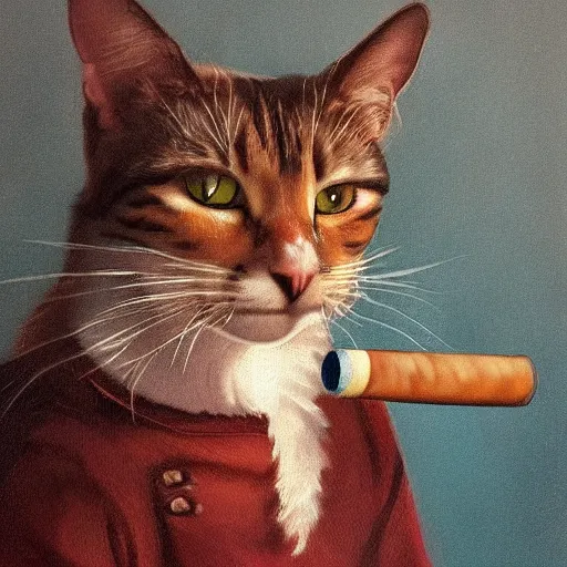 Prompt: a cute portrait of a flamboyant cat with a cigar in its mouth