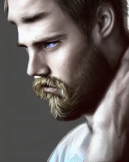 Image similar to portrait of a man in his mid - twenties with dull blue eyes, curly blond hair, short goatee, ultra realistic, epic, highly detailed, hd, sharp focus, cinematic lighting, realistic, dreamy, vivid colors, dreary, morose, matt painting, digital art, non blurry, sharp, artstation, concept art, smooth, comic book style, illustration