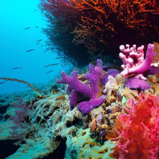 Prompt: a beautiful render of an underwater seabed habitat with seaweed, molluscs, reef