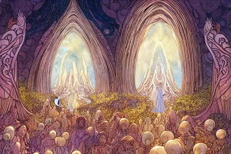 Prompt: a delicate mtg illustration by rebecca charles vess and rebecca guay of a large group of people entering the glowing doorway of a massive vulva - shaped temple constructed of carved iridescent pearls and house - sized crystals of smooth and organic architecture floating in the astral plane