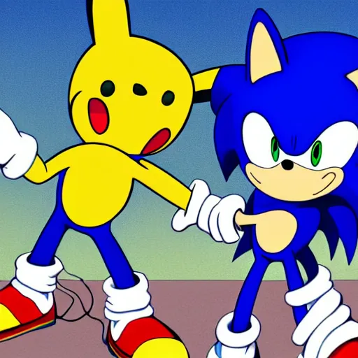 Prompt: sonic the hedgehog and pikachu on a date, digital art