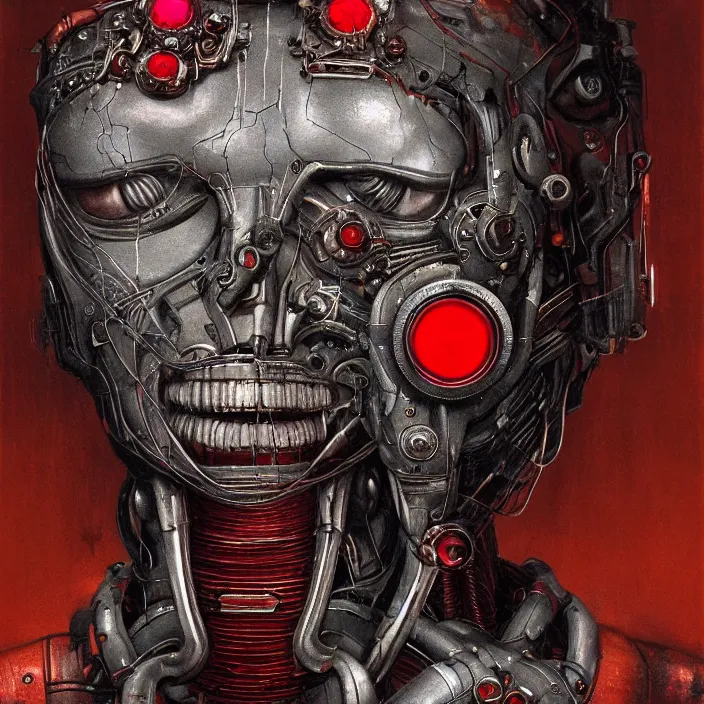 Image similar to in the art style of h. r. giger a portrait of a ruby ultron from age of ultron, clockwork steampunk, head and chest only, by beksinski, 4 k, deviantart, trending on artstation