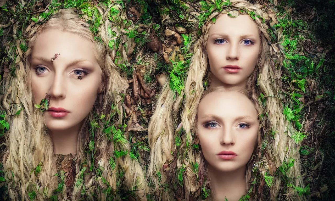 Image similar to beautiful blonde woman with plaits, hand eye, vines, third eye on forehead, forest fae, psychedelic mushrooms, magic, mystical, white witch, photorealistic, portrait, sacred geometry