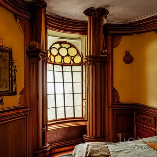 Image similar to a art nouveau bedroom with a circular window and wall with warms tones, highly detailed, photo, wood columns