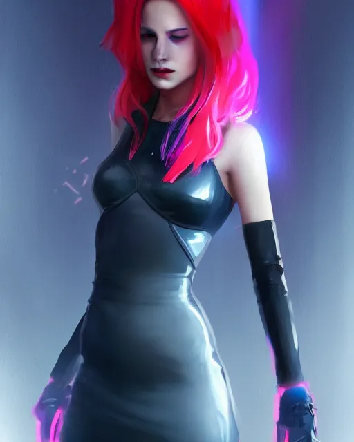 Image similar to Portrait of a futuristic rogue by Charlie Bowater, latex dress, gothic, short red hair, blue and pink rim lights, backlit, action pose, volumetric lighting, 8K, cyberpunk city backdrop, Artstation