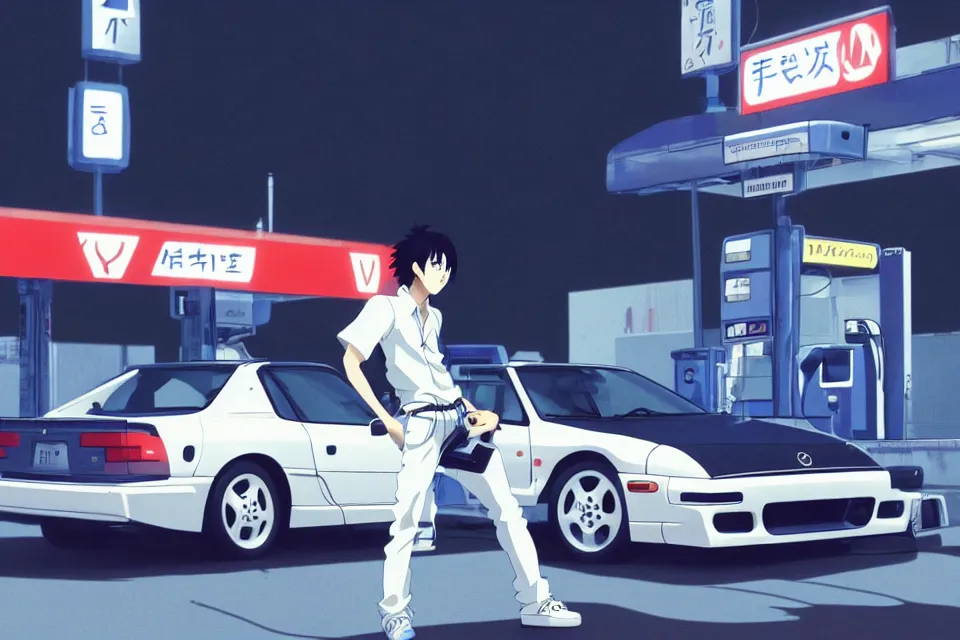 Image similar to aesthetic illustration of very serious ryosuke takahashi with black hair wearing a dark blue shirt and white pants stands near mazda rx 7 on an empty gas station at dusk, initial d anime 1 0 8 0 p, detailed anime face, high detail, 9 0 s anime aesthetic, volumetric lights, unreal engine 5 render, pinterest wallpaper, trending on artstation