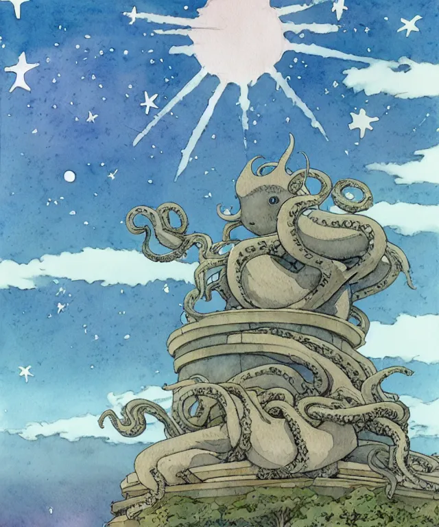 Prompt: a hyperrealist studio ghibli watercolor fantasy concept art. in the foreground is a giant grey octopus sitting in lotus position on top of stonehenge with shooting stars all over the sky in the background. by rebecca guay, michael kaluta, charles vess