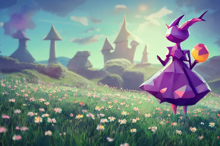 Prompt: ( lowpoly ) ps 1 playstation 1 9 9 9 running anthropomorphic lurantis maid wearing witch hat holding a ( swadloon ) standing in a ( field of daisies ), mount coronet in the distance digital illustration by ruan jia on artstation