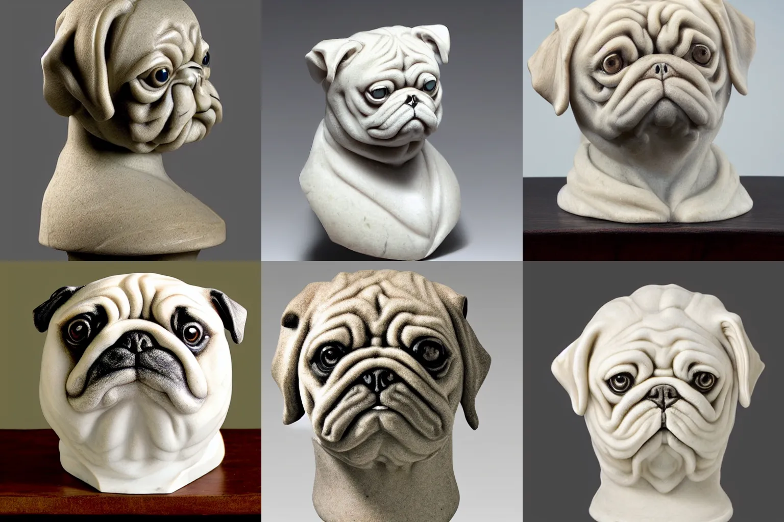 Prompt: Marble bust depicting the head of a pug