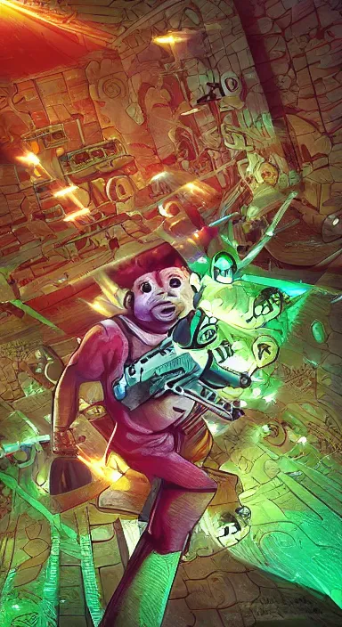 Image similar to “ small monkey with laser gun in large empty space, digital art, super aesthetic, art station children drawing style, award winning ”