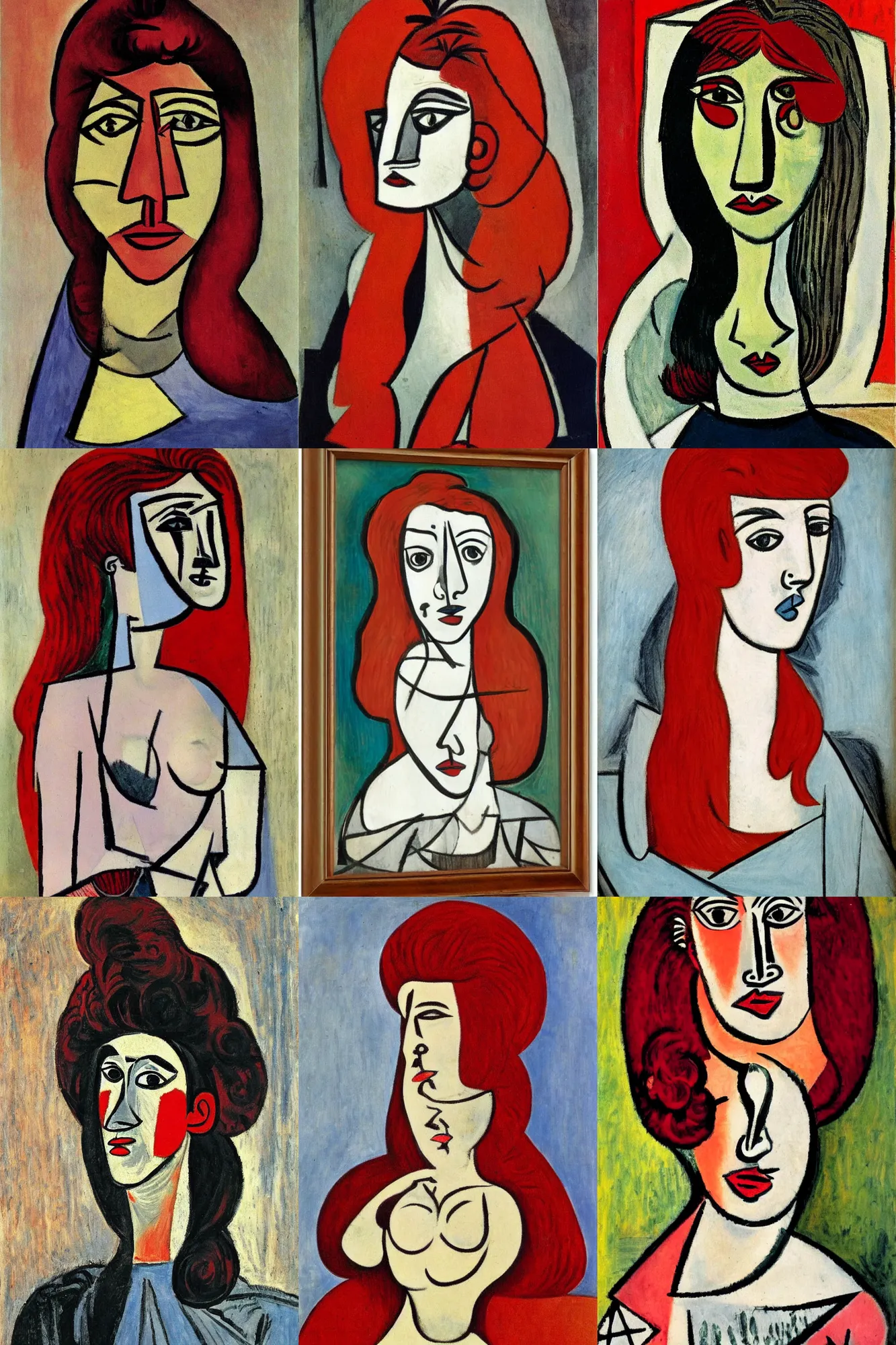 Prompt: Woman with red hair, portrait by Picasso