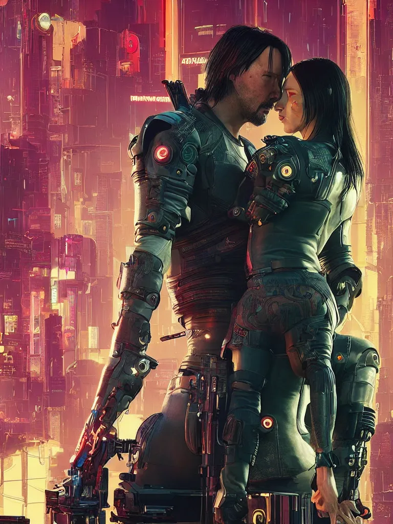 Image similar to a cyberpunk 2077 couple portrait of Keanu Reeves&female android in final kiss,love,film lighting,by Laurie Greasley,Lawrence Alma-Tadema,Dan Mumford,John Wick,Speed,Replicas,artstation,deviantart,FAN ART,full of color,Digital painting,face enhance,highly detailed,8K,octane,golden ratio,cinematic lighting