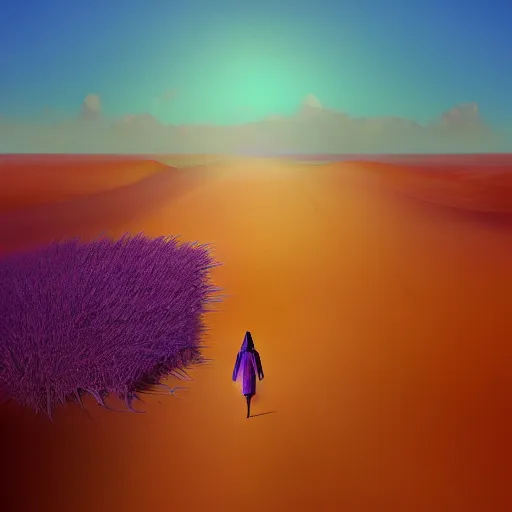 Image similar to portrait, giant purple dahlia flower head, girl walking between dunes, surreal photography, sunrise, blue sky, dramatic light, impressionist painting, digital painting, artstation, simon stalenhag