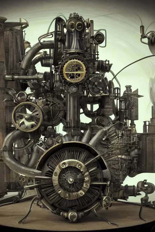 Prompt: octane render, 1 9 4 0's futurist advertising showroom photograph of a techno - magical, dieselpunk, reality shifting device. a gizmo, artifact, or machine. gas powered engine included. intricate detail. clockwork, industrial steampunk.