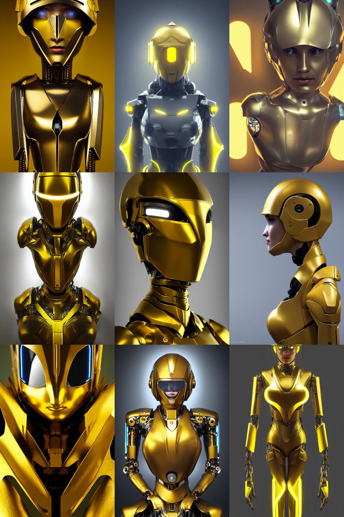 Prompt: maria of metropolis, humanoid robot, golden full body armor, beautiful helmet in the shape of a face, scifi, futuristic, raytracing, neon yellow cyborg eyes, sharp focus, cinematic lighting, artstation, divine, by fritz lang, gauthier leblanc