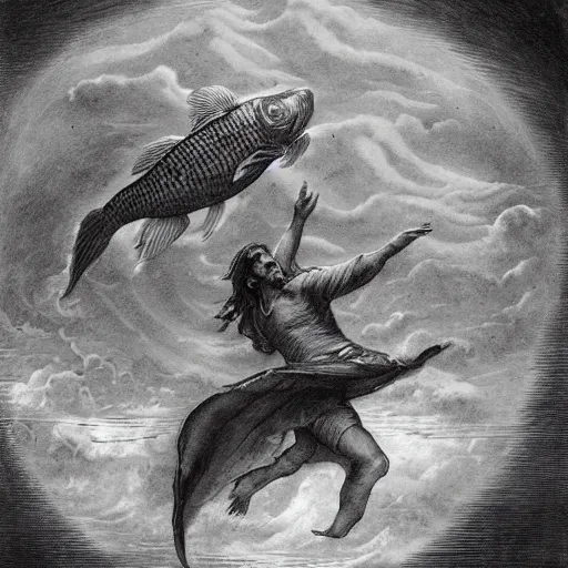 Prompt: flippers half man half fish in the clouds dancing and fighting, in the style of gustave dore