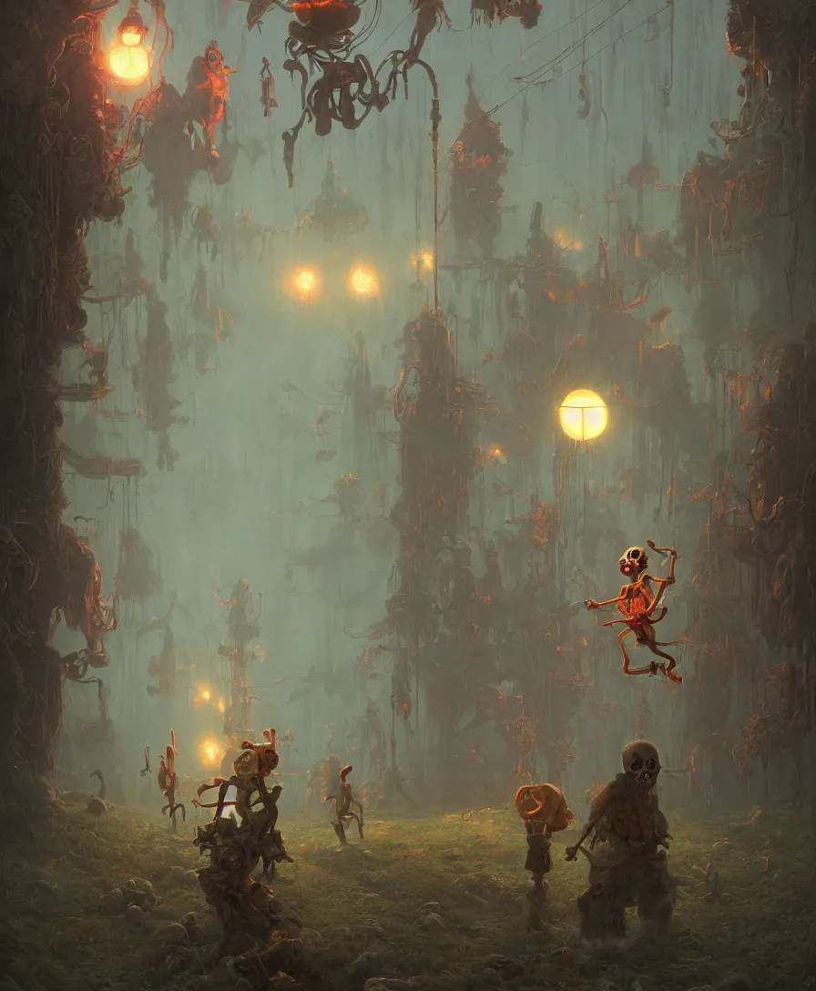 Prompt: skull clown afterlife, illustrated by Simon Stålenhag and Gaston Bussiere, 35mm lens, beautiful volumetric lighting style atmosphere, intricate, ultra detailed, photorealistic, trending on artstation 8k