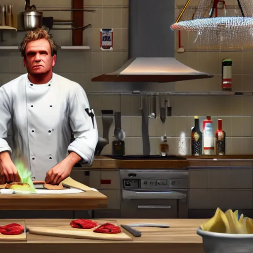 Prompt: GTA 5 photorealistic Gordon Ramsey cooking a unicorn in an intricate kitchen 4k