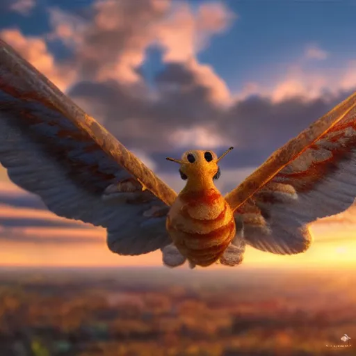 Image similar to a pancake with attached wings, flapping its wings flying in sunset sky, oil on canvas, portrait, intricate, 8k highly professionally detailed, HDR, CGsociety