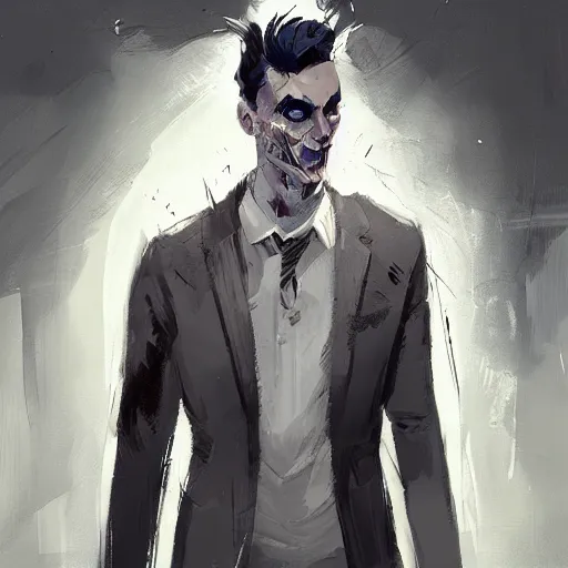 Prompt: human male character art, by Ismail Inceoglu, Kaz Brekker, dark hair, sunken eyes, grinning, scars, grey suit, combed hair, digital art, dungeons and dragons, art