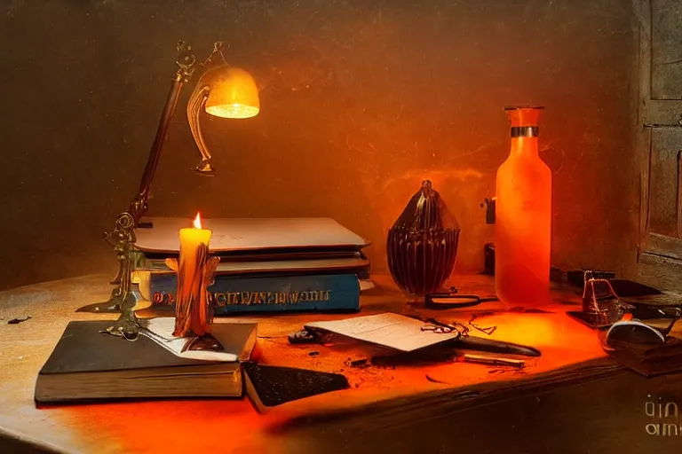 Image similar to office desk with a spilled glowing orange potion, 1 2 th century fantasy photograph