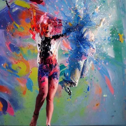Prompt: a dynamically posed rendered in an expressive fashion showing movement with paint splashes