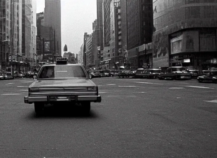 Image similar to screenshot wide shot from moody scene of Donald Trump pensive in New York streets from the film Taxi Driver 1976 directed by Martin Scorcese, kodak film stock, anamorphic lens, 4K, detailed, stunning cinematography and composition, 70mm