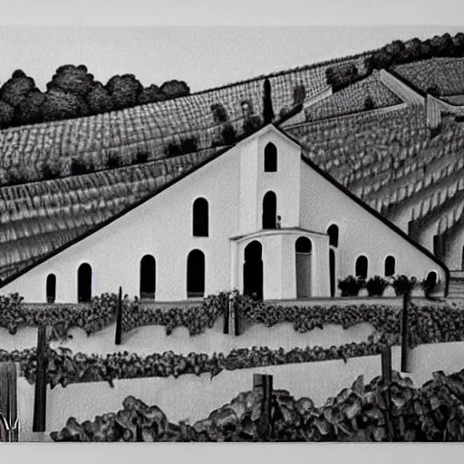 Prompt: Hyperrealism traditional austian church in a vineyard, painting by MC Escher