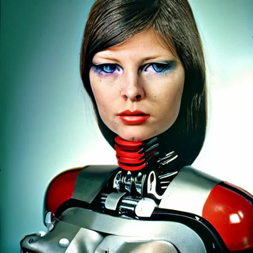 Prompt: portrait photo of a beautiful female cyborg. 1970s.