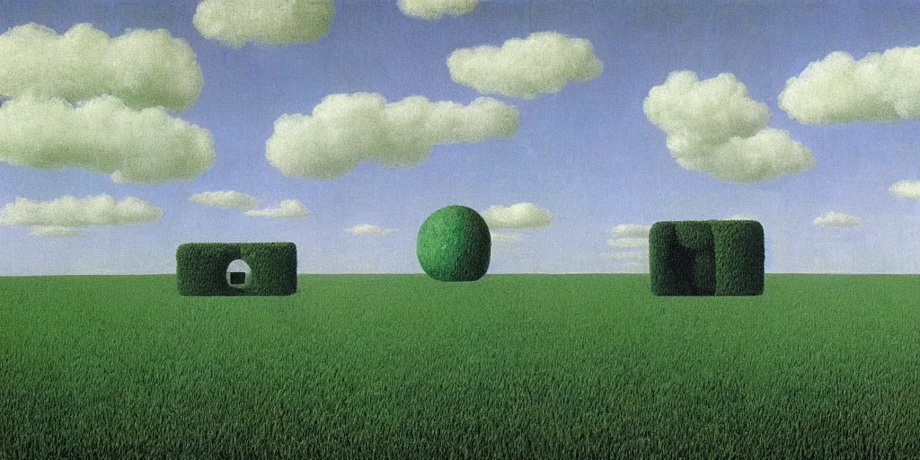 Prompt: grass Plains with a portal gateway by Rene Magritte